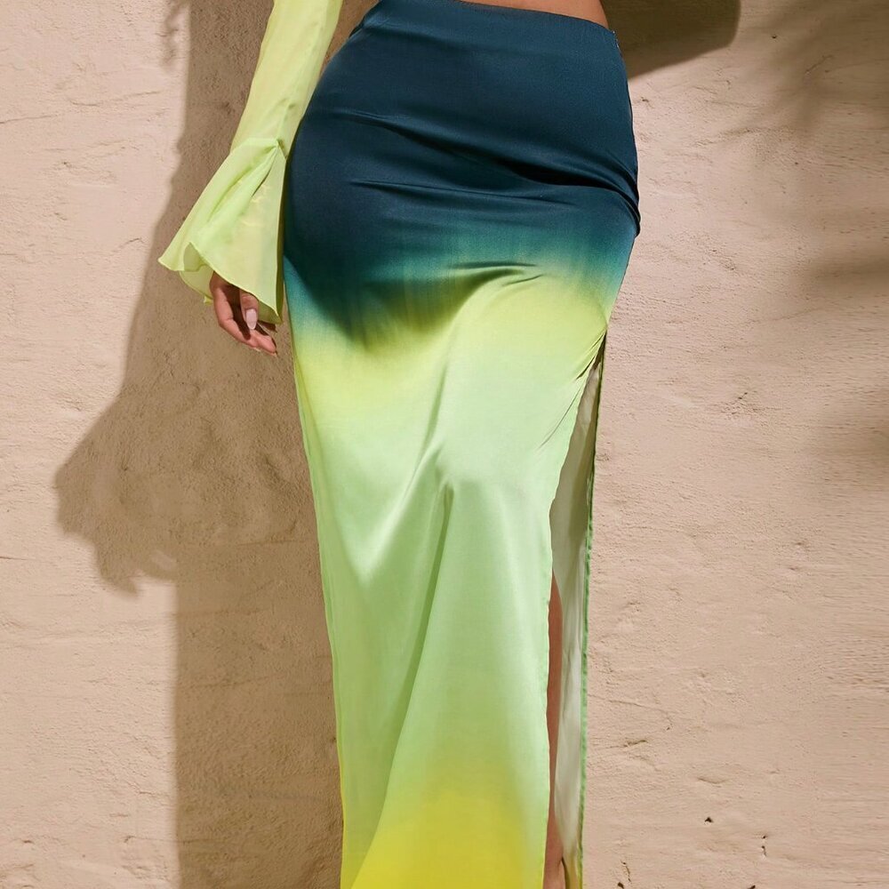 Green Sexy Women's Summer Beach Vacation Gradient Color Slit Maxi Skirt - Picture 5 of 8